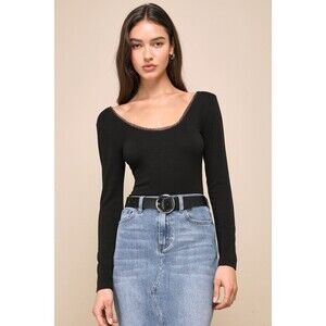 Lulus Sleek Mindset Black Lace Long Sleeve Bodysuit - Size M